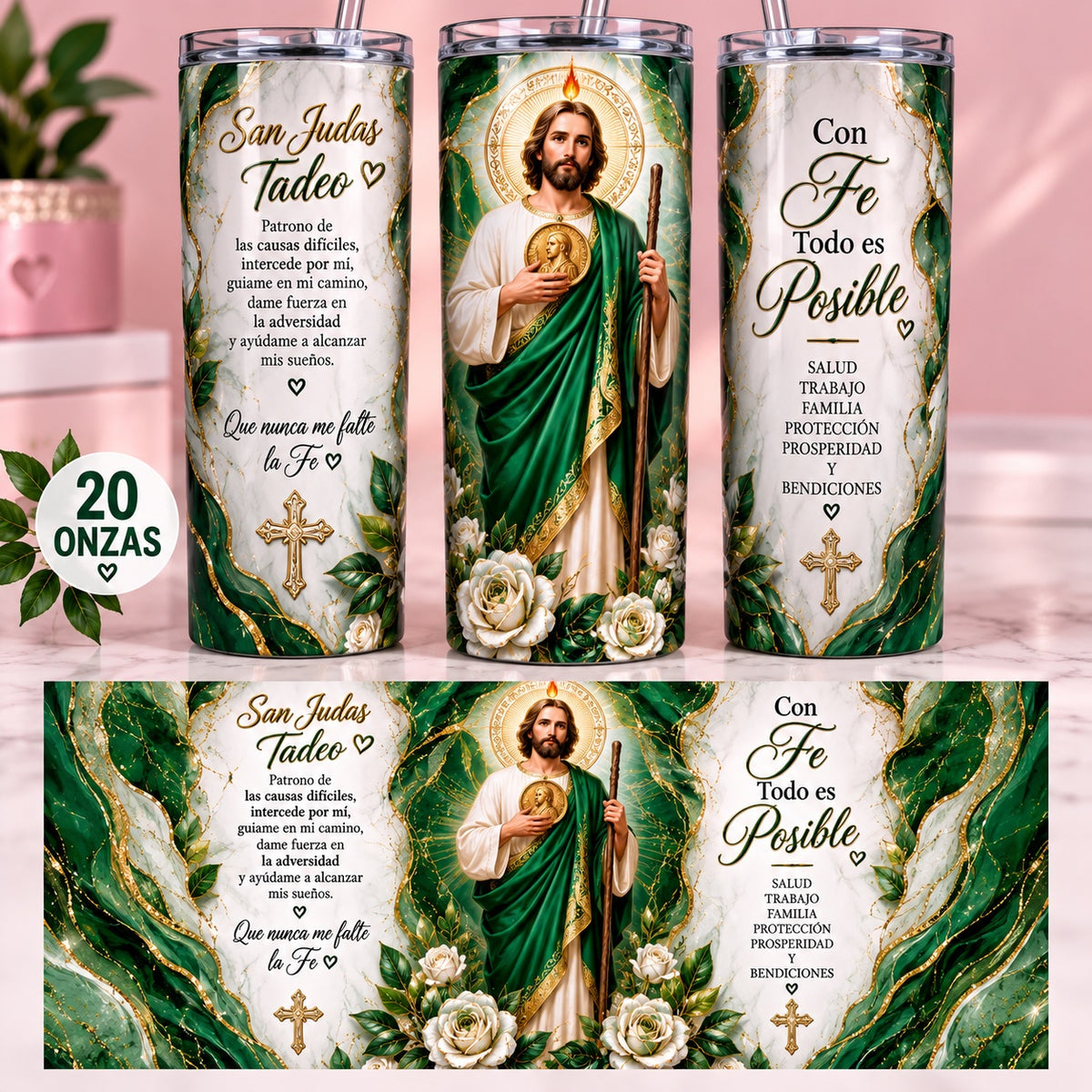 Tumbler San Judas Tadeo 20 oz 💚🙏✨
