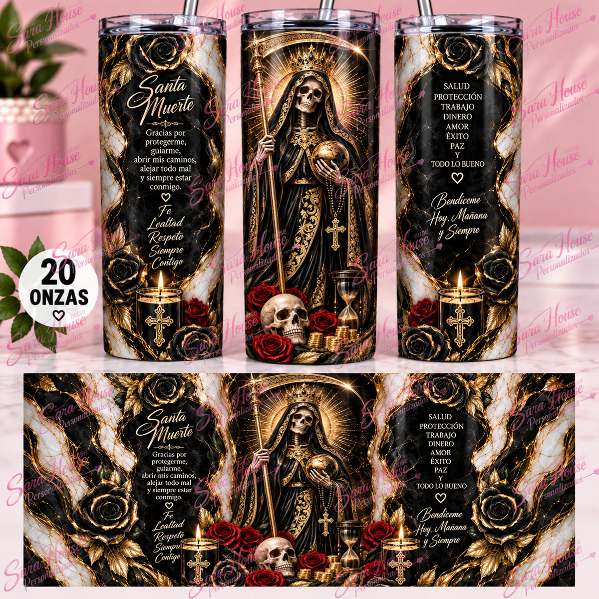 Tumbler Santa Muerte 20 oz 💀🌹✨